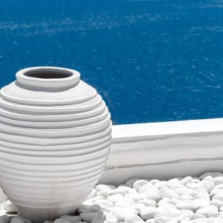 View of the blue sea of Santorini from Oia village