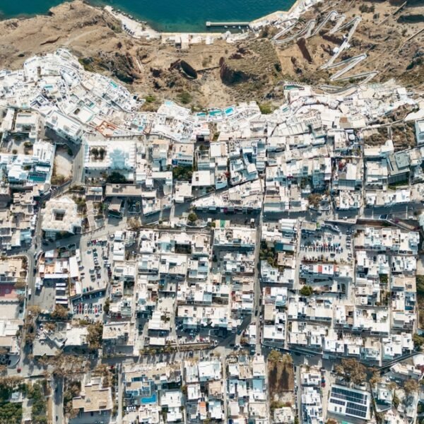 Aerial,Drone,Photo,Of,Beautiful,Fira,Town,On,Santorini,With